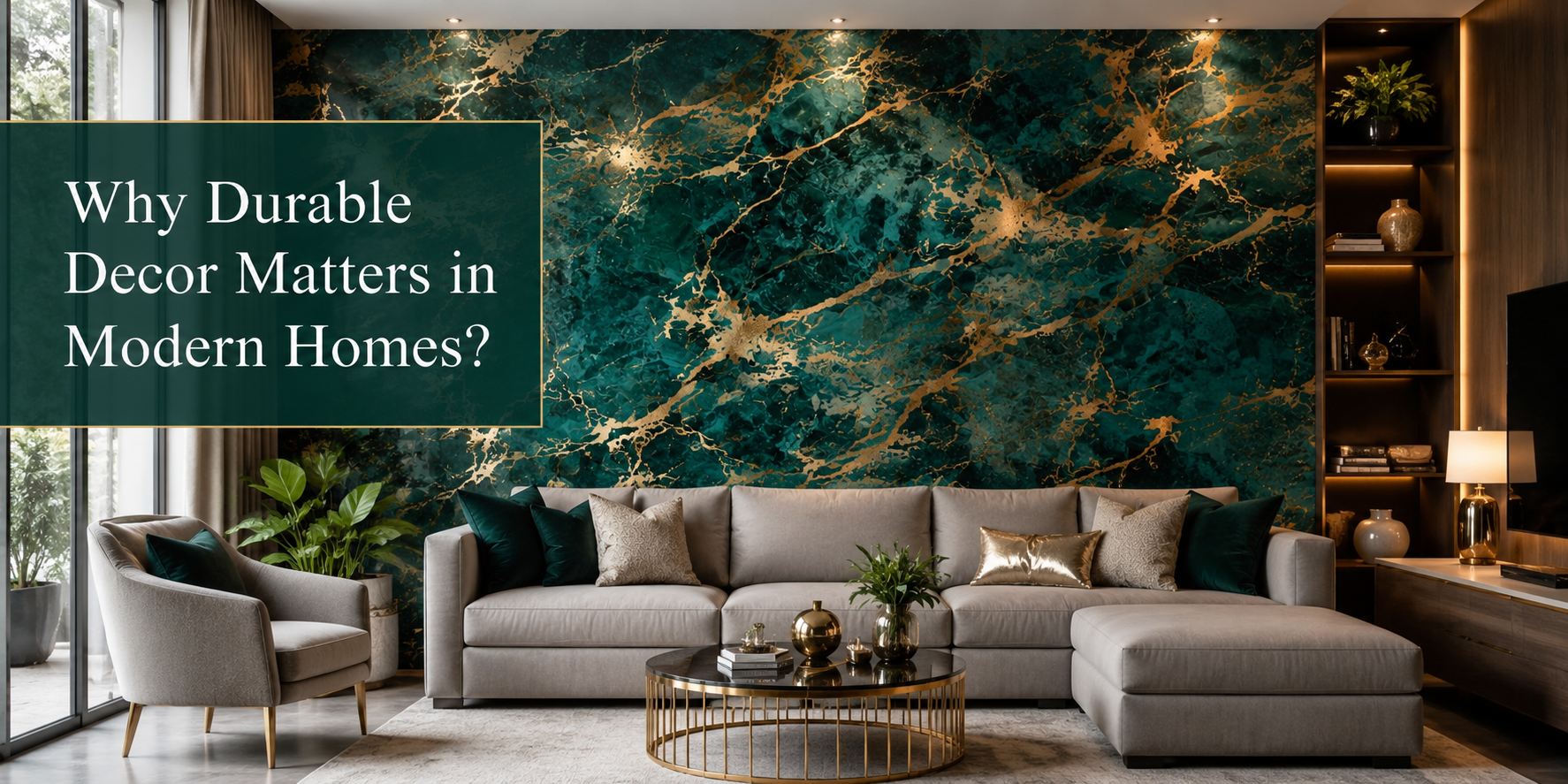 Luxury modern living room with durable teal and gold marble wallpaper design.
