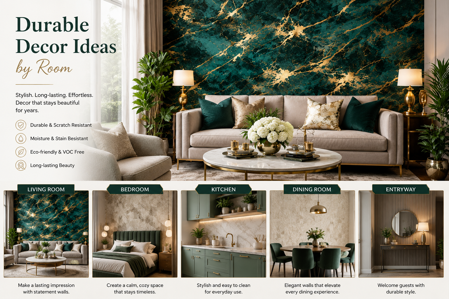 Durable decor ideas for modern living rooms with stylish luxury interiors and premium wallpaper design.