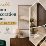 Modern luxury living room featuring durable home decor items, elegant furniture, textured walls, wooden accents, and timeless interior styling.