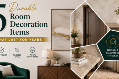 Modern luxury living room featuring durable home decor items, elegant furniture, textured walls, wooden accents, and timeless interior styling.