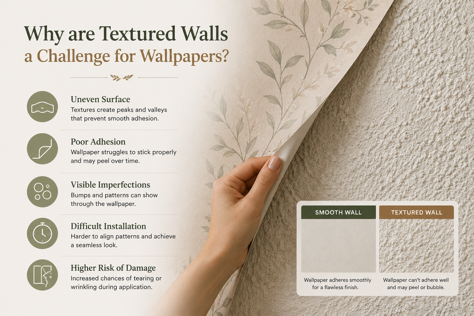 Wallpaper peeling from a textured wall showing installation challenges.