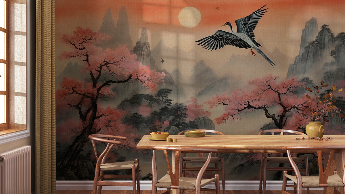 Japanese-Vintage-Style-Landscape-Wallpaper-in-Japandi-Style
