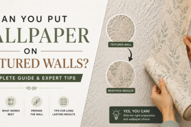 Wallpaper installation on a textured wall with before-and-after comparison.