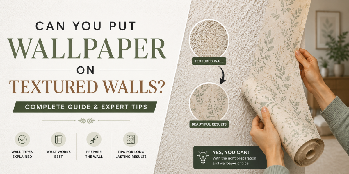 Wallpaper installation on a textured wall with before-and-after comparison.
