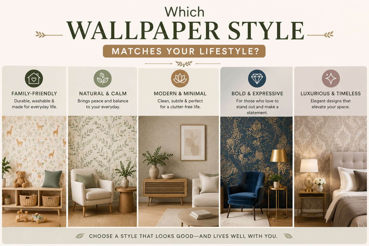 Wallpaper styles matched to different lifestyles and home interiors.