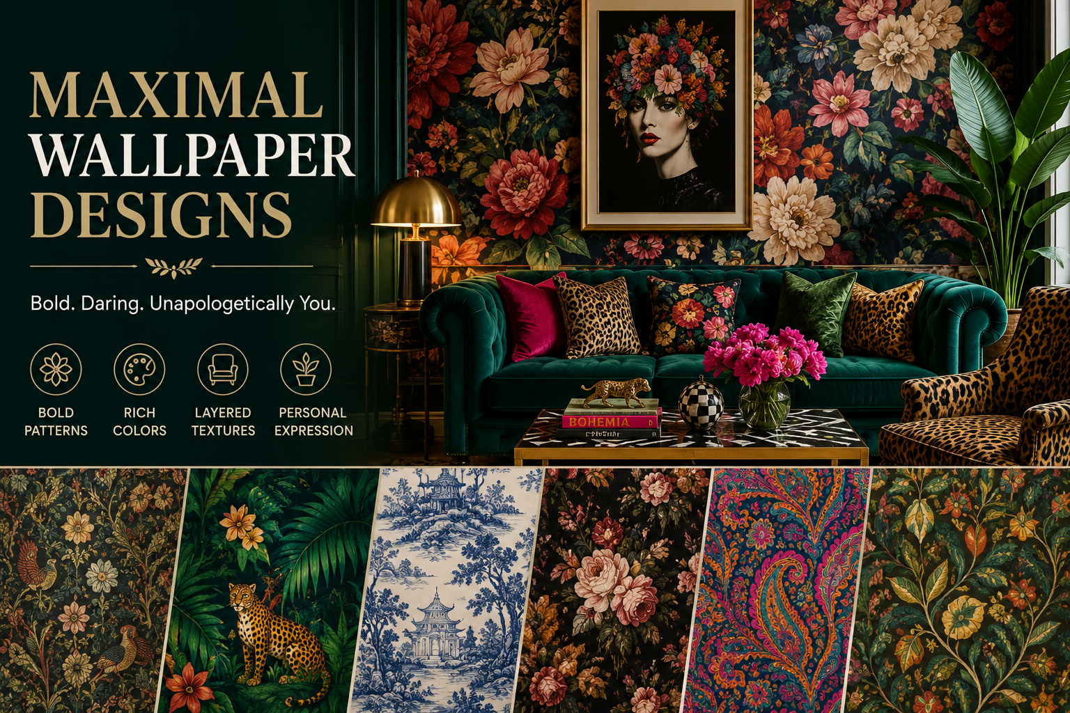 Maximalist wallpaper design with bold floral patterns and luxurious living room decor